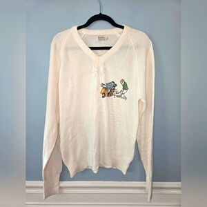 Vintage Men's Golfing Ivory V-neck Knit Sweater Size Large Athleisure Funny